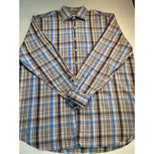 Peter Millar Shirt Men's XXL Blue Plaid Cotton Button Up Long Sleeve